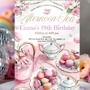 Nachmittagstee Einladung, bearbeitbare Teeparty Geburtstagseinladung, digitale Partea einladen, High Tea einladen, Geburtstag klassische Teeparty einladen diy