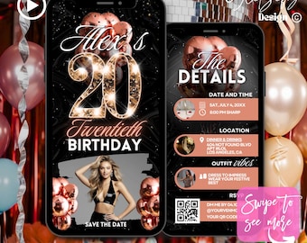 Rose Gold 20th Birthday Animated Invitation: Glam Party (Digital Download)