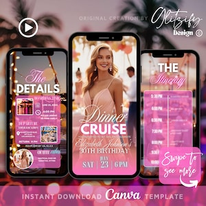Pink Dinner Cruise Invitation,Birthday Cruise Invite,Dinner Cruise Invite,Tropical Birthday Cruise Itinerary,Let&#39;s Cruise Yacht Party Evite