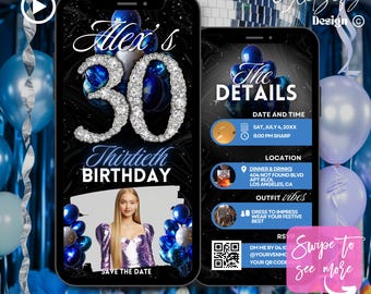 Blue Silver 30th Birthday Animated Invitation: Glam Party (Digital Download)