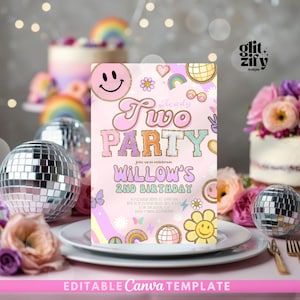 Invitación de segundo cumpleaños con letras de parche Ready Two Party, invitación de fiesta de moda universitaria preppy, invitación de cumpleaños de fiesta estilo disco Y2K, inspiración SCL