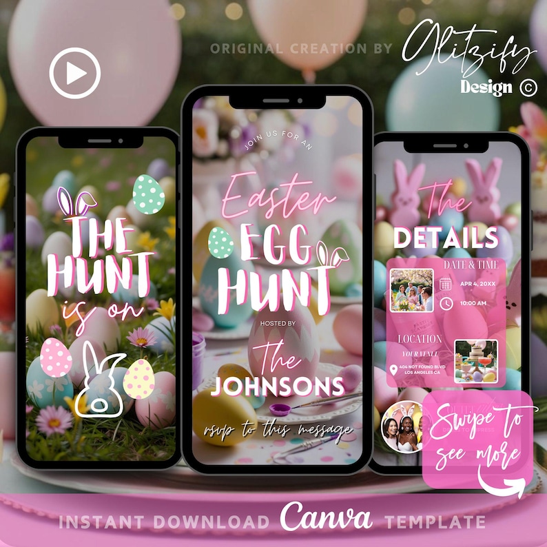 May include: A digital invitation for an Easter egg hunt. The invitation is designed to look like a smartphone screen and features a pink and white color scheme. The text on the invitation reads "Join us for an Easter Egg Hunt hosted by The Johnsons. RSVP to this message." The invitation also includes a section for details, including the date, time, and location of the event.