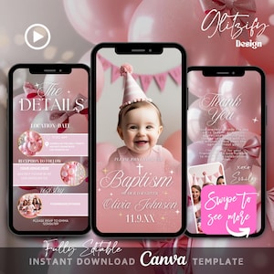 Invito video battesimo fiocco rosa, modello invito battesimo bambine, invito battesimo animato, battesimo palloncini fiocco, invito battesimo digitale
