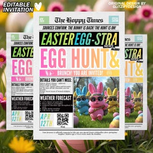 Inbjudan till tidningsjakt med påskägg, Canva-mall med pastellfärgade påsknyheter, inbjudan till påskrubrik, rolig påskinbjudan, redigerbar