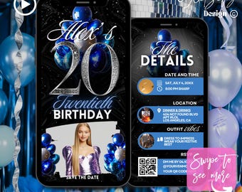 Blue Silver 20th Birthday Animated Invitation: Glam Party (Digital Download)