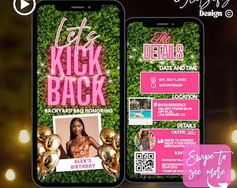 Invitación animada para barbacoa de cumpleaños: Fiesta Pink Kickback (Descarga digital)