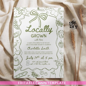 Bewerkbare lokaal geteelde babyshoweruitnodiging, boerenmarkt babyshower, handgetekende Cottagecore grillige boerenmarkt uitnodigingssjabloon