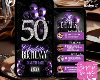 Purple Glam 50th Birthday Animated Invitation (Digital Download)