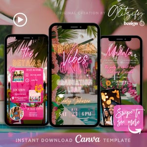 Puede incluir: Una invitación a una fiesta de graduación de temática tropical en rosa y verde con un letrero de neón rosa que dice "Tropical Vibes Only". La invitación incluye la fecha, la hora y el lugar de la fiesta. También incluye una imagen de una piscina y un gorro de graduación.