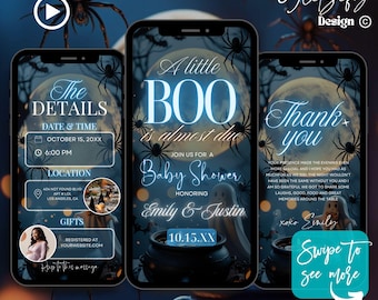 Blauwe Little Boo-video-uitnodiging babyshower: Halloween-thema (digitale download, bewerkbaar in canva)