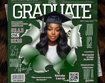 Green Graduation Magazine Invitation,Magazine Cover Graduation Announcement: Party Invite Flyer, Grad Ceremony Evite (Canva Editable)