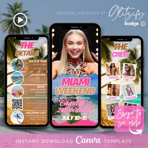 Miami Weekend Girl Trip Itinerary,Birthday Getaway Invitation,Bachelorette Getaway Invite,Birthday Weekend flyer,tropical vacation itinerary