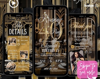 Può includere: Un invito digitale per una festa di compleanno di 40 anni con un tema anni venti. L'invito presenta un design art déco in oro e nero con il testo "Roaring 40's Party" e "Elizabeth's Birthday".