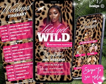 Itinerario di viaggio tra amiche a tema leopardato: invito per una fuga glamour di compleanno (download digitale animato)