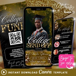 Op de afbeelding: Een digitaal Canva-sjabloon voor een afscheidsevenement van de universiteit. Het ontwerp toont een afgestudeerde in toga en hoed, met gouden en zwarte accenten. Bevat evenementdetails, datum, locatie en een QR-code.