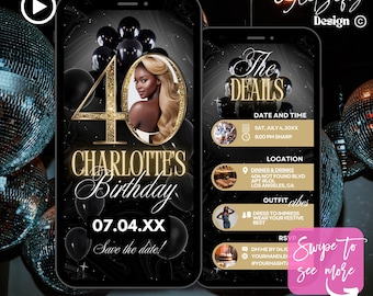 Animierte Einladung zum 40. Geburtstag in Schwarz und Gold (Canva Template)