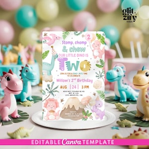 May include: A birthday invitation with a dinosaur theme. The invitation features the text "Stomp, chomp & chew, our little dino is TWO." The invitation includes the date, time, and location of the party. The words "Editable Canva Template" are at the bottom.
