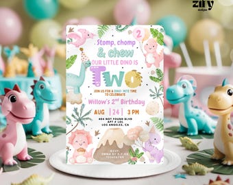 Bewerkbare dino 2e verjaardagsuitnodiging, dinosaurus verjaardagsuitnodiging, twee rex dino uitnodigen, dino-meisje dinomite verjaardag, roze pastel dinosaurus uitnodigen