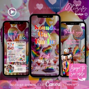 May include: A digital invitation for a Pride Brunch with a rainbow theme. The invitation features a colorful background with balloons, a table setting, and a text overlay that says "Sounds Gay I'm In" and "Pride Brunch".