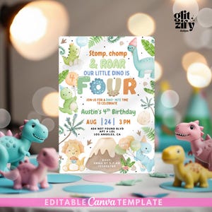 Redigerbar Dino 4-årsdagsinbjudan, Dinosauriefödelsedagsinbjudan, Stomp Chomp Roar Dino-inbjudan, Dino Boy Dinomite-födelsedag, dinosauriefestinbjudan