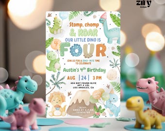 Editable Dino 4th birthday invite,Dinosaur Birthday Invitation,Stomp Chomp Roar Dino Invite,Dino Boy Dinomite Birthday,dinosaur party invite