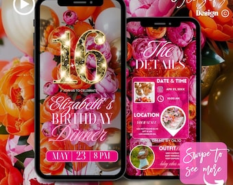 Animierte Einladung zum 16. Geburtstag: Rosa & Orange Pfingstrosen (Digitaler Download)