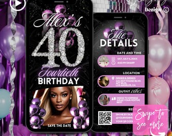 Purple Silver 40th Birthday Animated Invitation: Glam Milestone (Digital Download)