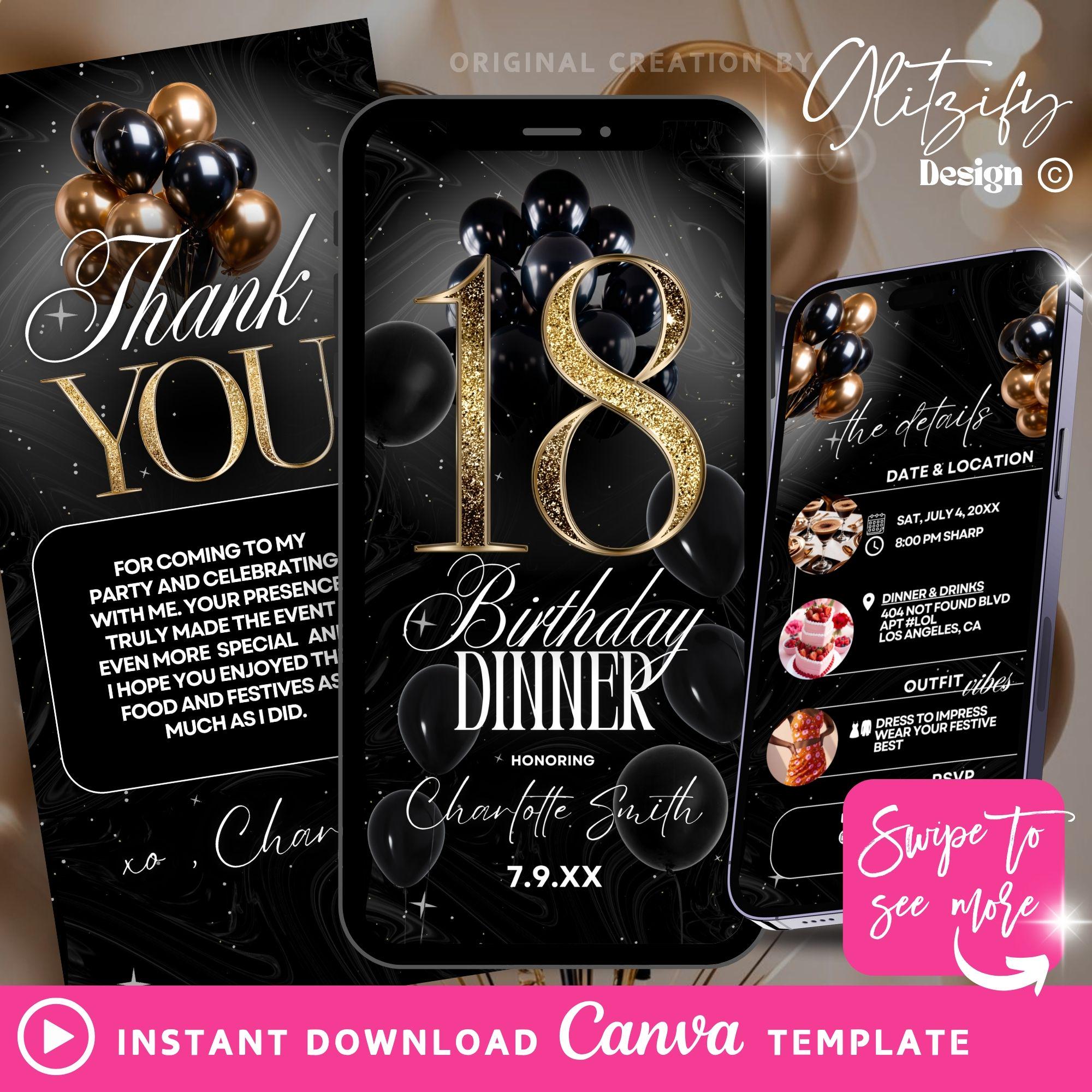 Luxury 18th birthday invitation,canva template,gold birthday party invite,glam digital save the date,editable flyer,dinner invitation flyer