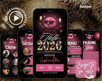 Pink New Years Eve Party Invitation:NYE Girls Night Editable Invite,Groovy Fun Pj Party Invite, Game Night,Canva Template (Instant Download)