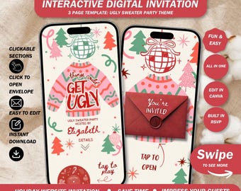 Ugly Sweater Party Invitation Website: Funny Friendsmas Holiday Party Invite with Rsvp and Music ( canva template )