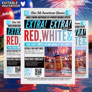 Mall för tidningsinbjudan till 4 juli, rolig redigerbar Canva-inbjudan, inbjudan till fjärde juli-fest, inbjudan till självständighetsdagens BBQ-poolparty