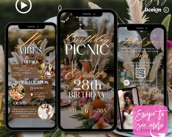 Boho Birthday Picnic Animated Invitation: Editable Canva Template