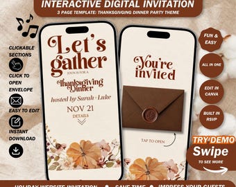 Let's Gather Thanksgiving Invitation Website: Retro Friendsgiving Digital Invite with Built In Rsvp ( canva template )
