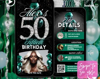 Green & Silver 50th Birthday Animated Invitation (Digital Download)