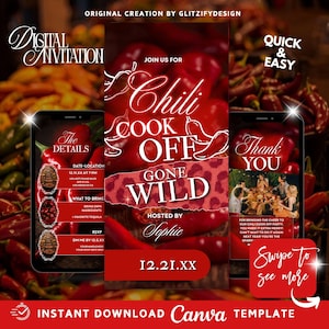Könnte beinhalten: Digitale Einladungsvorlage für ein Chili Cook Off, mit rotem Chili-Pfeffer-Hintergrund. Das Design enthält Eventdetails, eine Dankesnachricht und den Text "Chili Cook Off Gone Wild".