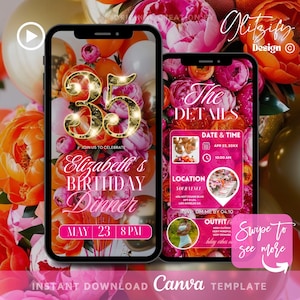 Digitale Einladung zum 35. Geburtstag, florales 35. Geburtstag-Einladung, orange rosa Geburtstagsparty-Einladung, digitale Geburtstags-Flyer,Texteinladung