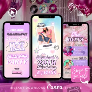 Peut inclure: Une invitation numérique rose et violette pour une fête d'anniversaire de 20 ans. L'invitation présente une photo d'une femme portant un t-shirt tie-dye et un jean, un fond rose et violet avec des cœurs et des étoiles, ainsi que le texte "Totally Fetch 92K Birthday Party" et "Elizabeth's 20th Birthday 5|14|XX".