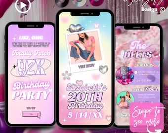 May include: A pink and purple digital invitation for a 20th birthday party. The invitation features a photo of a woman in a tie-dye shirt and jeans, a pink and purple background with hearts and stars, and the text "Totally Fetch 92K Birthday Party" and "Elizabeth's 20th Birthday 5|14|XX".