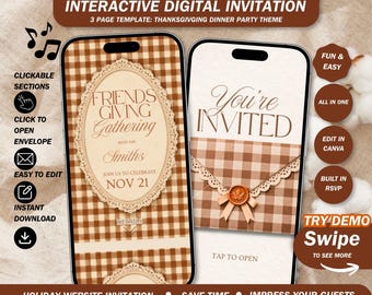 Friendsgiving Gathering Invitation Website: Checkered  Thanksgiving Dinner Invite with Built In Rsvp ( canva template )