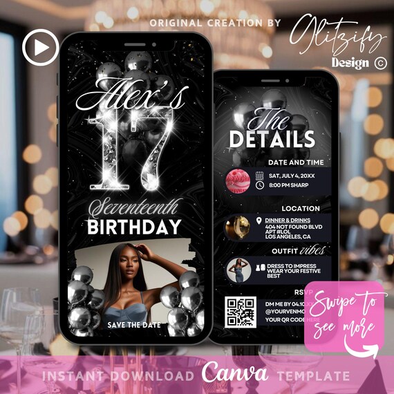 Silver & Black 17th Birthday Animated Invitation (digital Download) - Etsy Silver & Black 17th Birthday Animated Invitation (digital Download) - Etsy