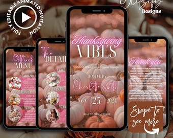 Animated Thanksgiving Invitation: Pink Potluck Feast (Digital Download, Canva Template)