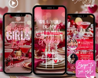 Può includere: Un invito digitale rosa e rosso per una serata tra ragazze di Galentine. L'invito presenta uno sfondo rosa con cuori rossi e un gioco del tris rosa e bianco. Il testo sull'invito recita "Unisciti a noi per celebrare la serata tra ragazze di Galentine" e "Ospitato da Elizabeth Johnson 2.14.XX".