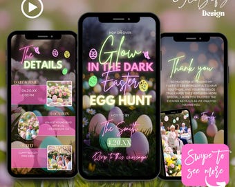 May include: A digital invitation for a Glow in the Dark Easter Egg Hunt. The invitation features a pink and green color scheme with images of Easter eggs and a play button. The text on the invitation reads "Hop on Over Glow in the Dark Easter Egg Hunt" and "The Smith 4.20.XX".
