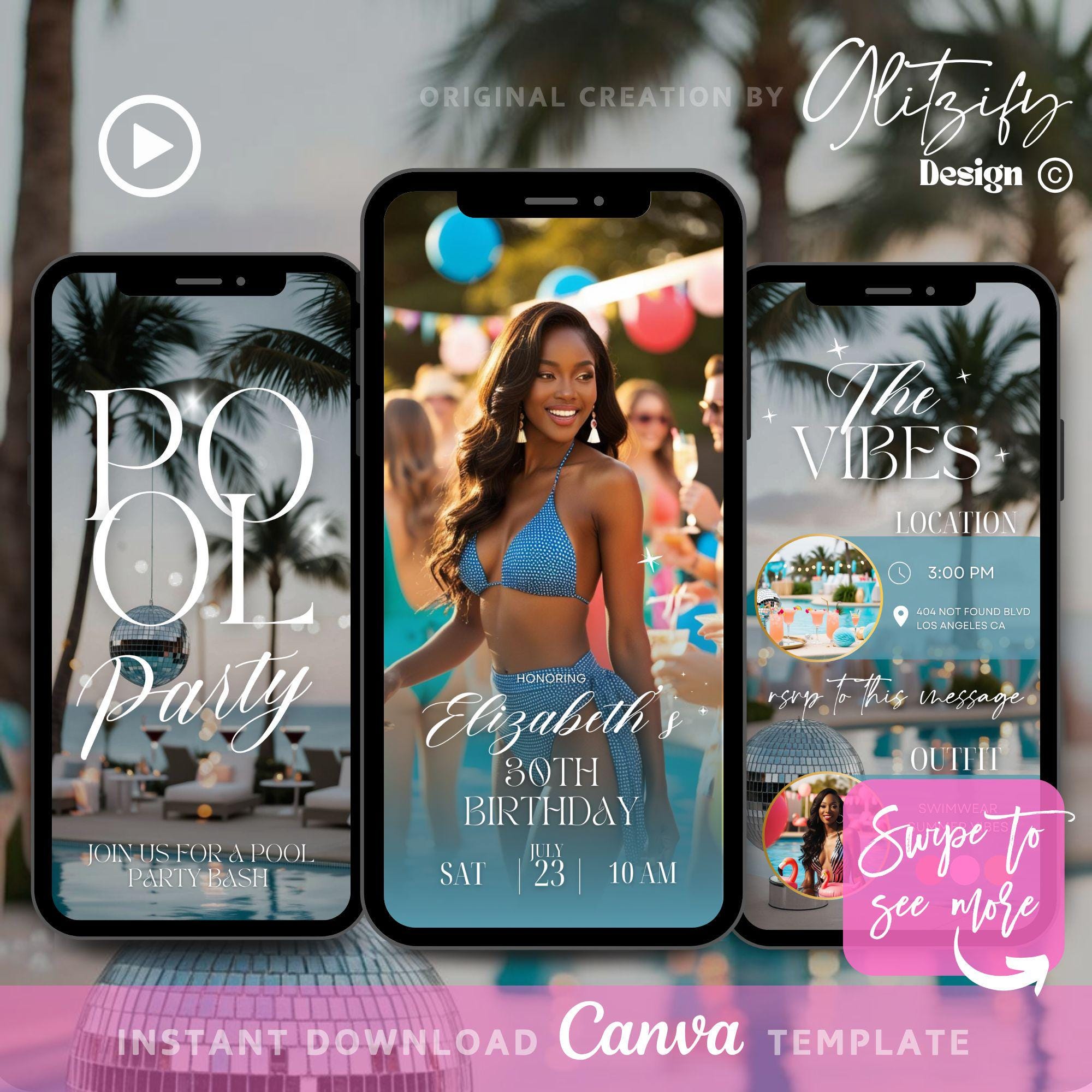 Pool Party Invitation,White Pool Party Video Invite,Pool party Birthday Invite,weekend Itinerary Digital,Girls Trip Getaway invite palm tree