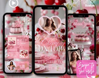 Può includere: Un invito digitale rosa e bianco per una festa di compleanno di 30 anni. L'invito presenta una foto di una donna con ciliegie e una collana di perle a forma di cuore. Il testo recita "Lei è la ciliegina sulla torta" e "Sei invitato a festeggiare il 30° compleanno di Elizabeth".