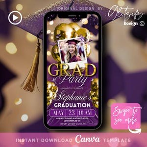 Op de afbeelding: Paarse en gouden uitnodiging voor een afstudeerfeest met een foto van een afgestudeerde in een baret en toga. De tekst luidt "GRAD Party" en "Stephanie's Graduation". De datum en tijd van het feest zijn aangegeven als "May 23, 10 AM". Het adres is "404 Not Found Blvd Apt #LOL, Los Angeles CA". De RSVP-informatie is "DM by 04.10.XX".