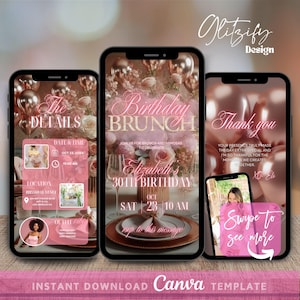 Invito digitale per festa di compleanno brunch, invito telefonico digitale per brunch floreale rosa, invito animato, qualsiasi età, invito video per brunch, fai da te