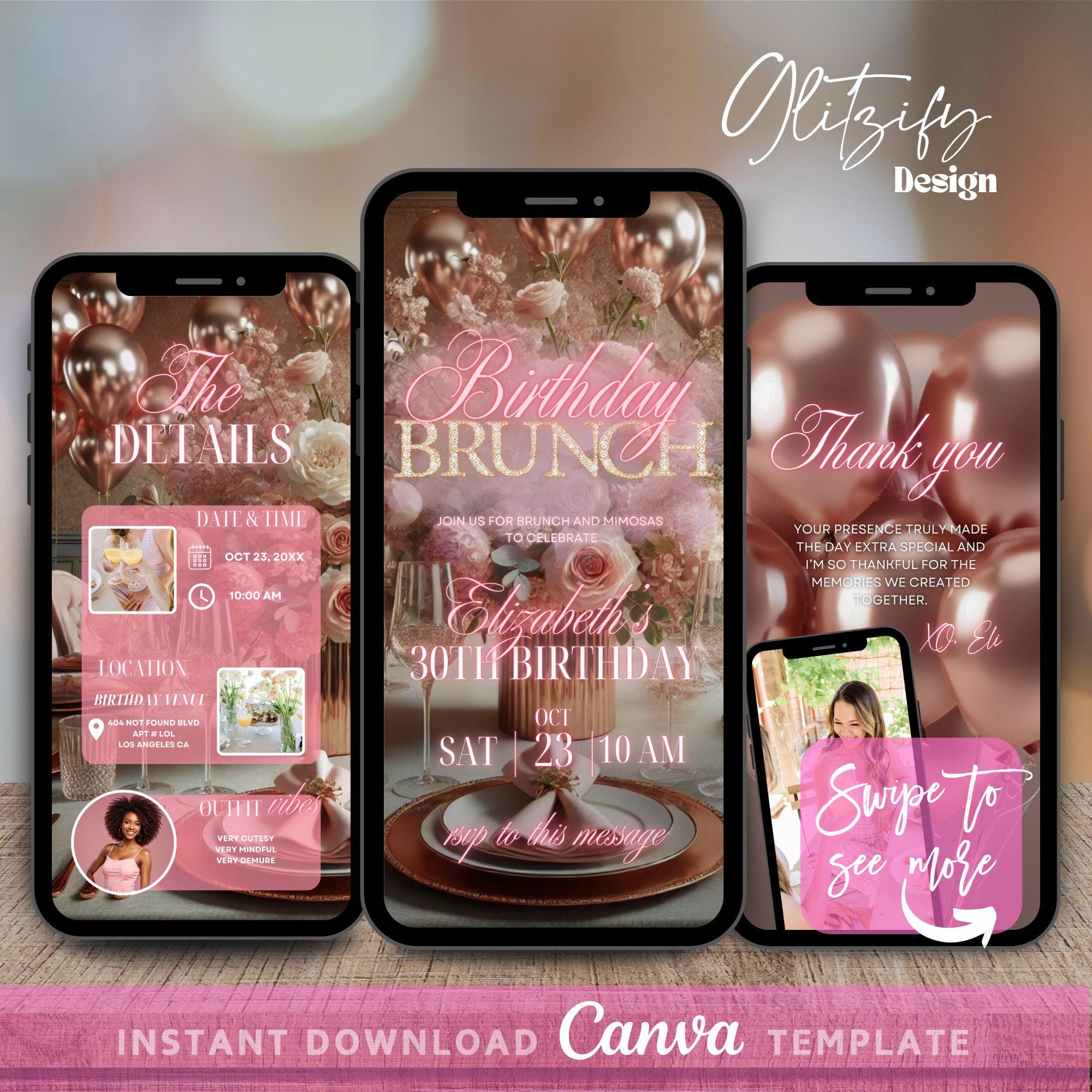Digital-Geburtstags-Brunch-Party-Einladung, Digital-Rosa-Blumen-Brunch-Telefonnachricht Evite, Animiertes Einladen, Jedes Alter, Video-Brunch-Einladung, DIY