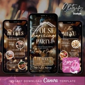 Op de afbeelding: Een digitale uitnodiging voor een housewarming party. De uitnodiging is ontworpen in een goud-zwart kleurenschema met een huissymbool en de tekst "Housewarming Party". De uitnodiging bevat de datum, tijd en locatie van het feest, evenals de namen van de gastheren, Emily en Justin. De uitnodiging bevat ook een menu met snacks en hoofdgerechten.