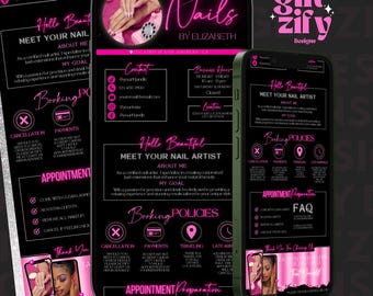 May include: A pink and black digital template for scheduling appointments for nail services. The template features the text "Nails by Elizabeth" and includes contact information, booking policies, and appointment preparation instructions.